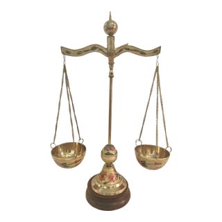 Vintage Italian Hollywood Regency Brass Balance Scale With Floral Enamel Decoration For Sale