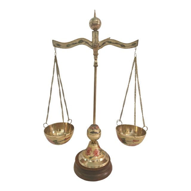 Vintage Italian Hollywood Regency Brass Balance Scale With Floral Enamel Decoration For Sale
