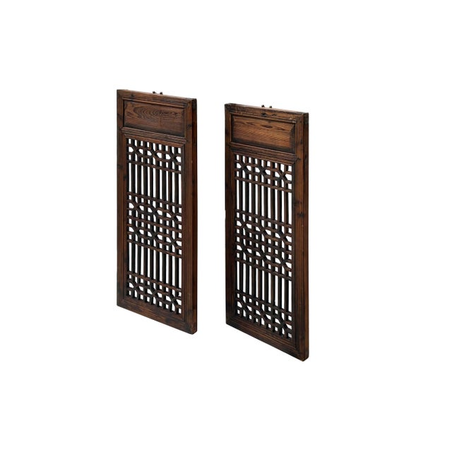 Chinese Pair Chinese Vintage Restored Wood Geometric Pattern Brown Wall Hanging Art For Sale - Image 3 of 7