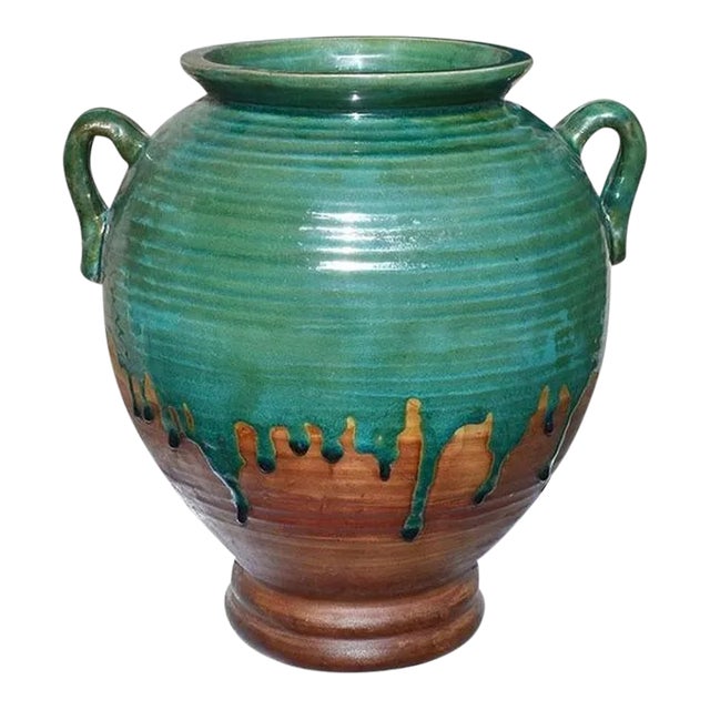 Large Round Green and Brown Drip Glaze Ceramic Planter With Handles For Sale