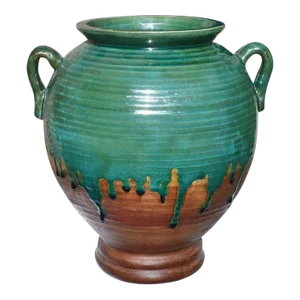 Large Round Green and Brown Drip Glaze Ceramic Planter With Handles