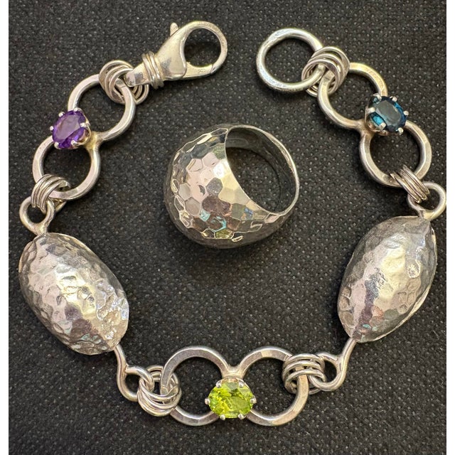 This is a beautiful Set of Hammered Sterling Silver Multi Gemstone Bracelet & Dome Ring marked SX .925. The Sterling...