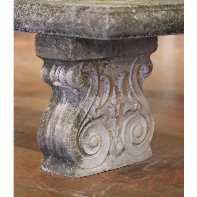 Pair of Early 20th Century French Weathered Curved Cast Stone Garden Benches For Sale - Image 4 of 9