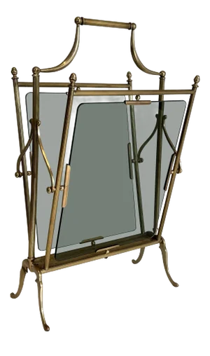1940 Neoclassical Style Magazine Rack in Brass and Blueish Glass from Maison Jansen