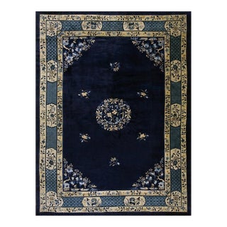 1900s Blue Classic Greek Key Swastika Anitque Chinese Peking Wool Room Size Rug For Sale