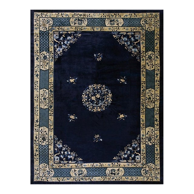 1900s Blue Classic Greek Key Swastika Anitque Chinese Peking Wool Room Size Rug For Sale
