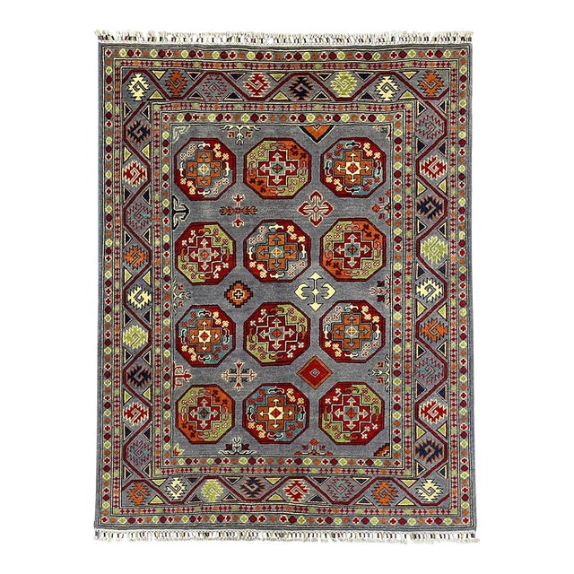 Slate Blue Philpa Bokhara Wool Rug With Elephant Foot Motifs, 4'11" X 6'5" For Sale