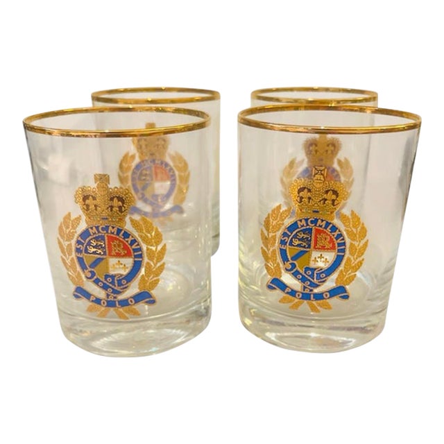Ralph Lauren Home "Polo Crest" Gold Rim Double Old Fashioned Crystal Glasses - Set of 4 For Sale