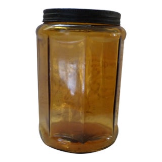 Antique 1910 Amber Glass Octagon Shape Hoosier Cabinet Jar With Lid For Sale