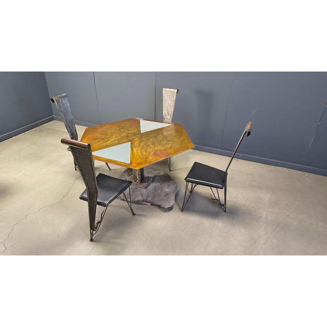 Hand Crafted Steel and Stone Dining Set with Glass, 1970s, Set of 5 For Sale - Image 15 of 18