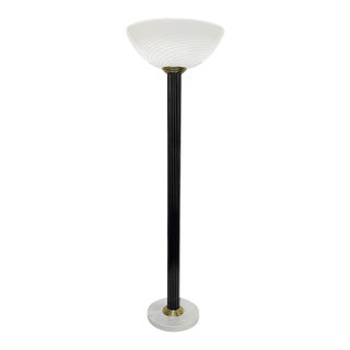 1950s Italian Art Deco Design White Murano Attributed Glass Black Lacquered Wood Floor Lamp For Sale