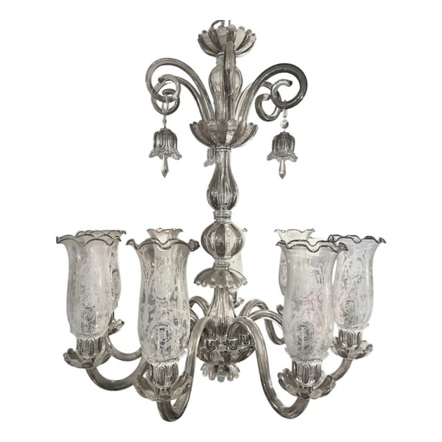 Modern hand blown hand etched platinum corded chandelier with removable etched shades. ( Manufacturer unknown)