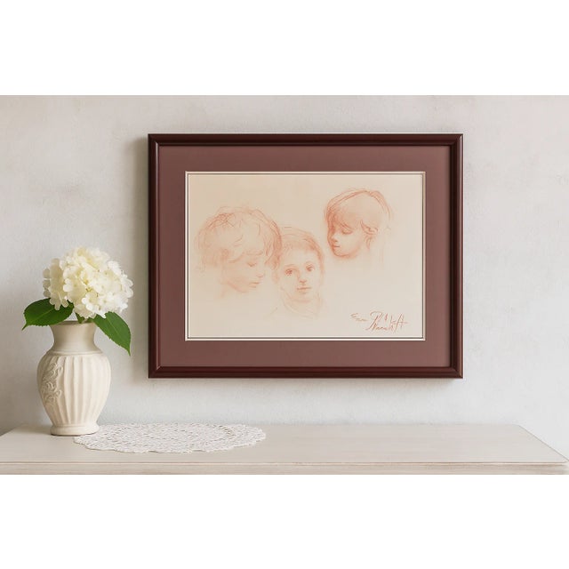 Mid-Century Modern Philippe Moretti, Three Children, Original Sanguine Drawing, 1979 For Sale - Image 3 of 9