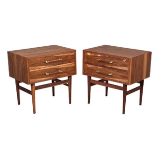 Restored American of Martinsville Dania Walnut Nightstands W/ Drawers by Merton Gershun For Sale