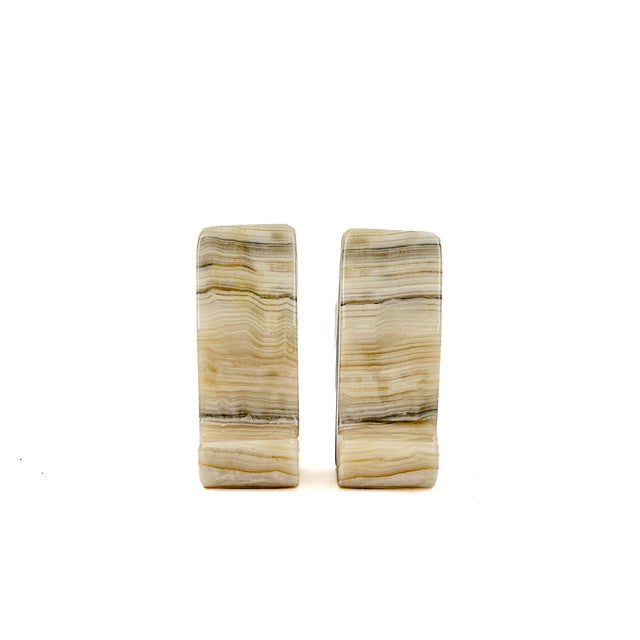 Mid-Century Modern Vintage Hand Carved Striped Onyx Marble Fleur De Lis Bookends For Sale - Image 3 of 9