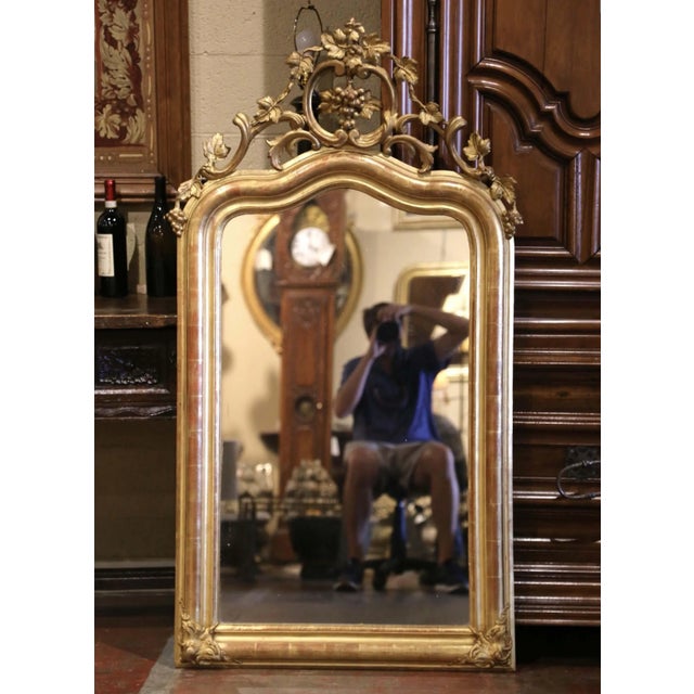 19th Century French Louis XV Giltwood Mirror With Carved Grape and Vine Crest For Sale - Image 4 of 9