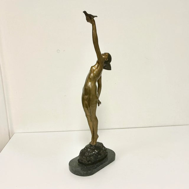 Metal Vintage French Art Deco Pierre Le Faguays Bronze Nude Sculpture, Girl With Dove For Sale - Image 7 of 18