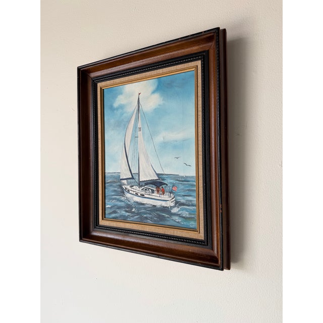 Abstract 1970s Vintage R. Fisher Sailboat Oil on Canvas Painting – Framed For Sale - Image 3 of 12