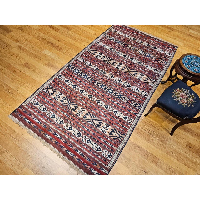 Tribal Antique Turkmen Yomut Soumak Kilim, Handwoven Wool, Geometric Pattern, Rust & Blue, 5’ X 10’ For Sale - Image 3 of 13