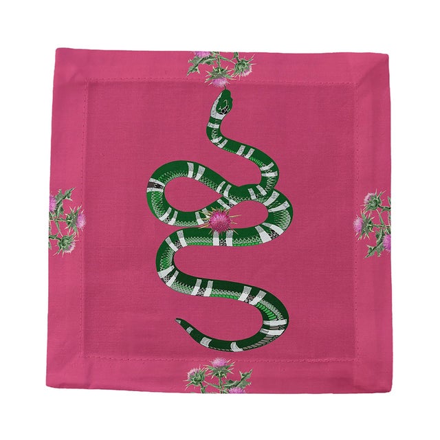 Contemporary Thistle And Snake Cotton Sateen Cocktail Napkins in Pink, Set of 4 For Sale - Image 3 of 6