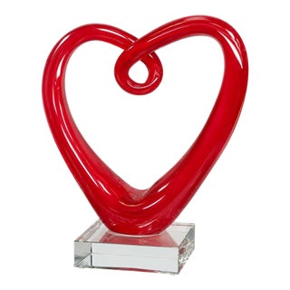 Vintage Red Murano-Style Art Glass Heart Sculpture on Lucite Base For Sale