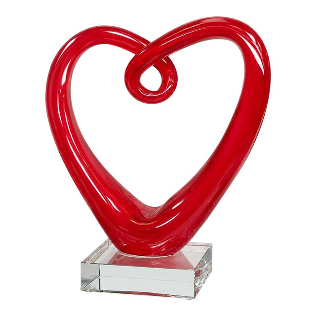Vintage Red Murano-Style Art Glass Heart Sculpture on Lucite Base For Sale