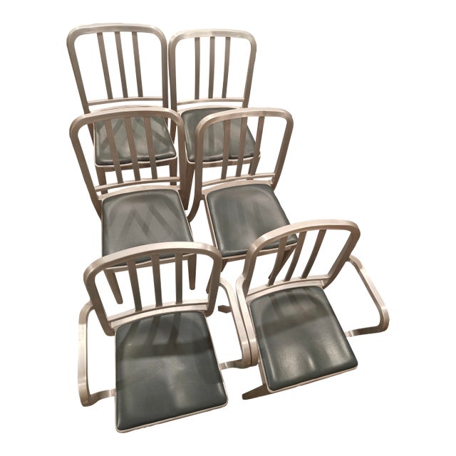 Set of Six Emeco Brushed-Aluminum Chairs. Two Armchairs & Four Side Chairs For Sale