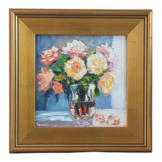 Bouquet of Pastel Roses Floral Vase Painting Including the Antiqued Gold Wood Frame For Sale