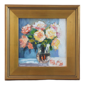 Bouquet of Pastel Roses Floral Vase Painting Including the Antiqued Gold Wood Frame
