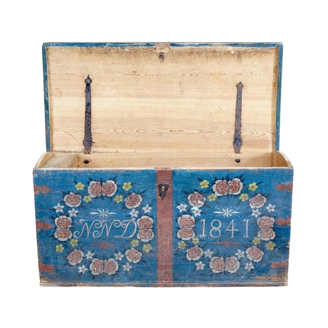 Blue Mid 19th Century Swedish Folk Art Hand Painted Pine Coffer For Sale - Image 8 of 9