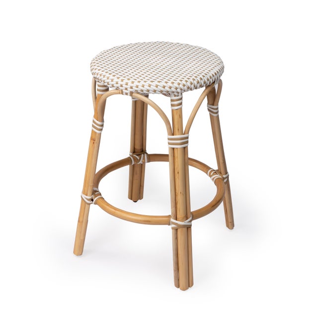 Tobias 24 in. Seat Height Round Rattan Backless Counter Stool, White/Tan Dot / Natural Rattan Frame For Sale - Image 9 of 9