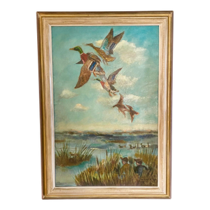 Waterfowl Ducks Hunting Scene Framed Oil on Canvas by Mildred Niesse