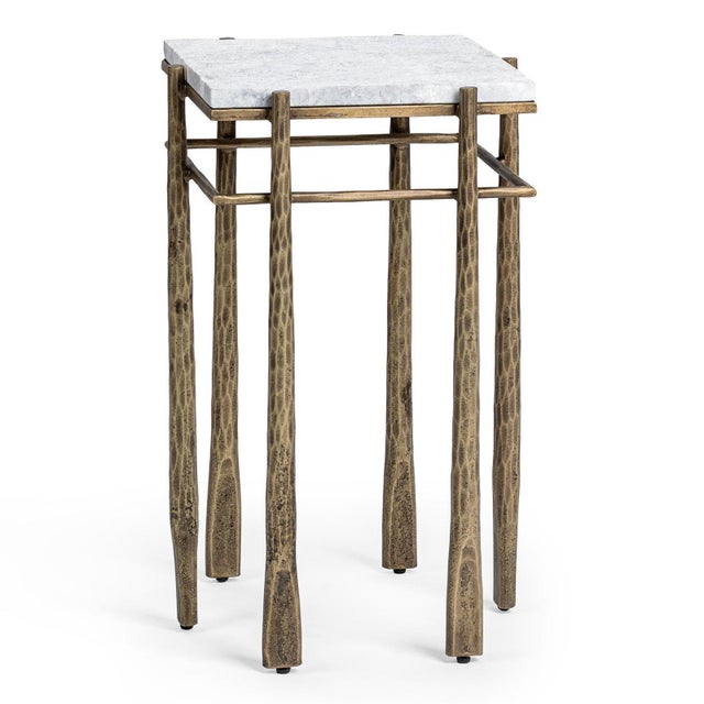Beautiful white marble top side table. Hand hammered iron frame / legs with antiqued brass finish. Unique design with six...