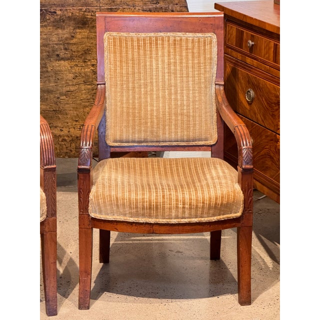 Mid 19th Century Mid 19th Century A Near Pair of Empire Style Fauteuils With Carved Arm Detail For Sale - Image 5 of 8