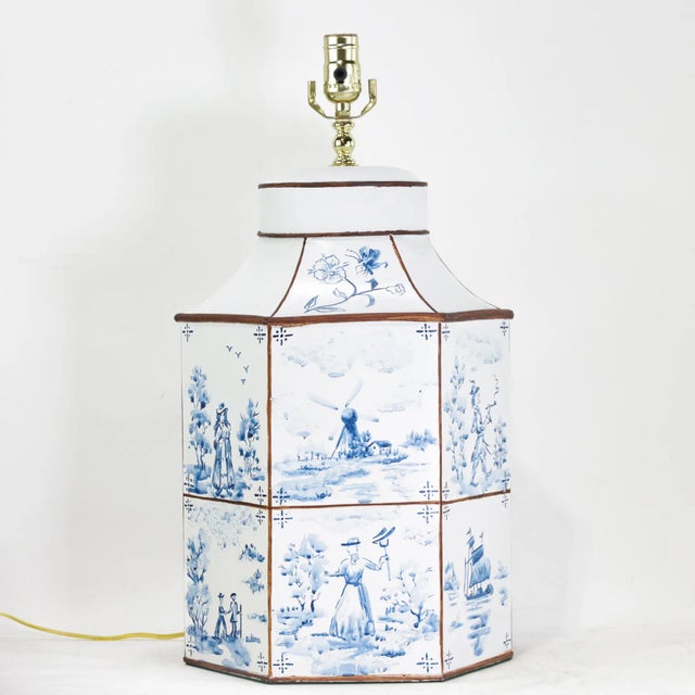 A Pair of Vintage Hand-Painted Blue and White Imitation Dutch Tile Landscape Tea Can Table Lamps For Sale - Image 12 of 14