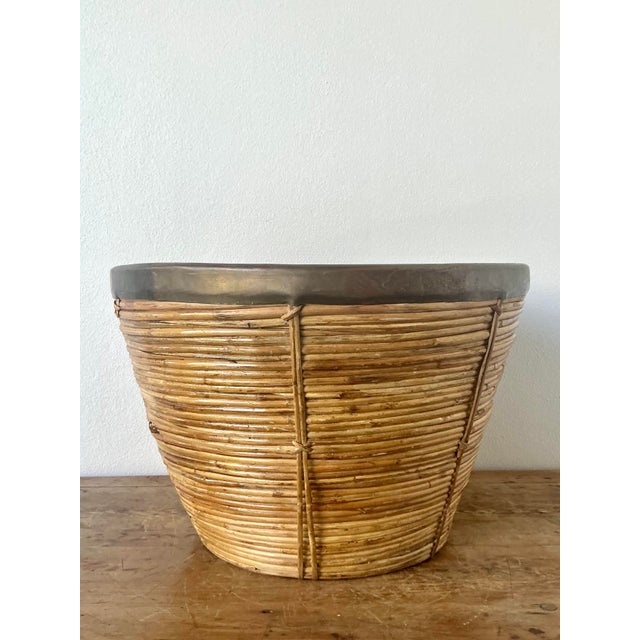 Vintage Boho Monumental Brass Rimmed Pencil Reed Bowl For Sale - Image 4 of 12