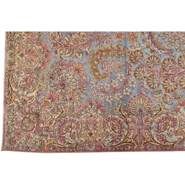 1950s Mid Century Blue Handmade Persian Kirman Wool Rug With Allover Floral Motif For Sale - Image 4 of 7