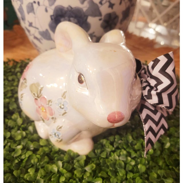 Ceramic Vintage Ceramic Raised Floral Black White Bow Tie Bunny Rabbit Statue Room Decor For Sale - Image 7 of 9