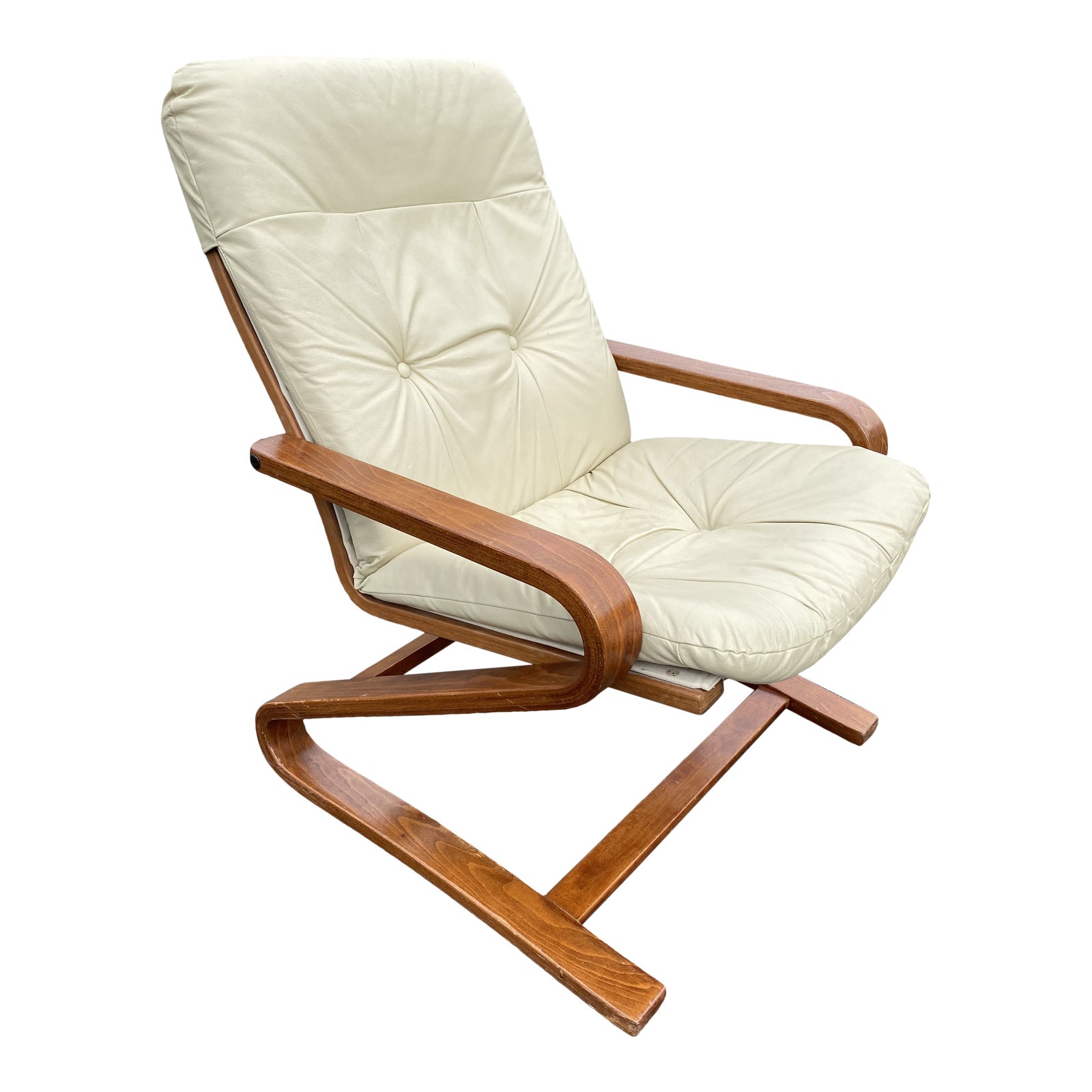 1980s Vintage Teak Bentwood Scandinavian Leather Lounge Chair Chairish