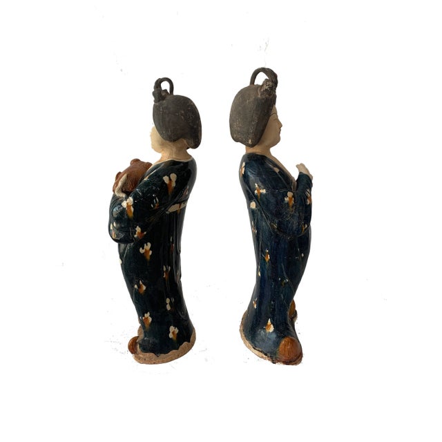 Mid 20th Century Tang Style Chinese Court Ladies in Blue Dress Ceramic Glazed Terracotta Figurines 24"h For Sale - Image 5 of 8