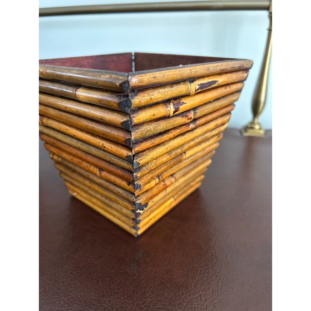 Wood Vintage Stacked Bamboo Reed Tapered Square Cachepots — A Pair For Sale - Image 7 of 7