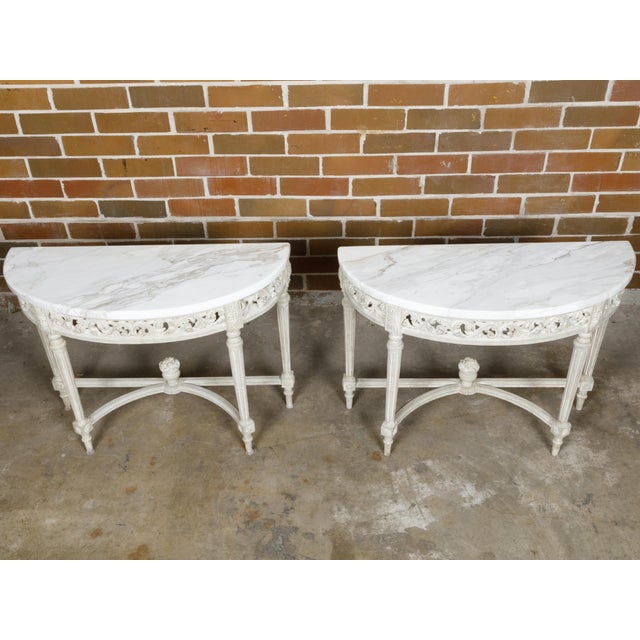 Pair of French Louis XVI Style Painted Demilune Console Tables with Marble Tops For Sale - Image 11 of 12