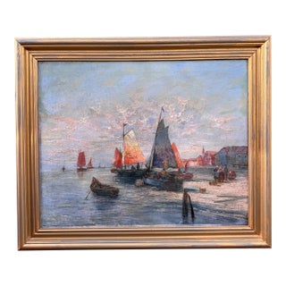 19th Century Oil Painting, "Fishermen at Sunset" For Sale