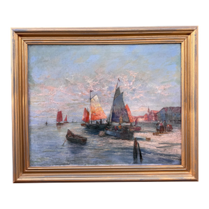 19th Century Oil Painting, "Fishermen at Sunset"