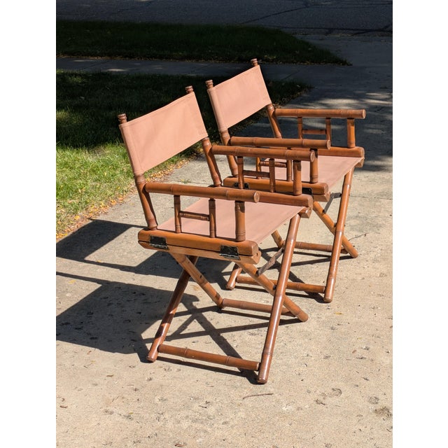 Late 20th Century Pair of Vintage Faux Bamboo X Frame Folding Safari Chairs For Sale - Image 5 of 11
