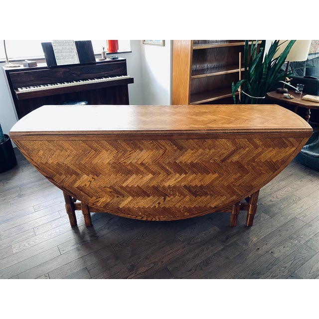 Vintage Large Oak Parquet Top Drop Leaf Dining Table For Sale - Image 11 of 12