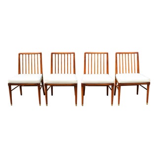 1960s Danish Modern Style Spindle Back Dining Chairs - White Leather, Cherry, Brass Feet - Set of 4 For Sale