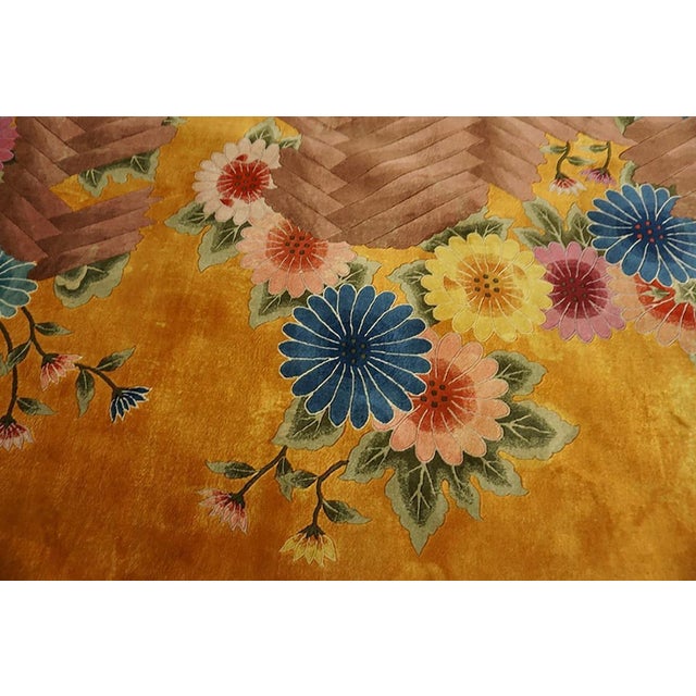 1930s Chinese Art Deco Carpet, Size: 9' x 12' Room Size Knotted Antique Yellow Wool 1930s Chinese - Art Deco Rectangle...