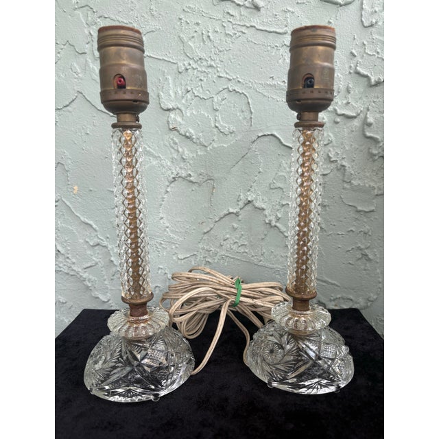 Transparent Vintage Cut Crystal Boudoir Table Lamps – Pair With Diamond Point Columns & Eagle Sockets For Sale - Image 8 of 11