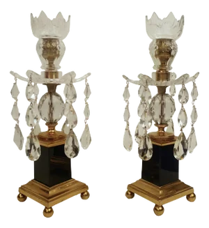 Pair George III Style Gilt Bronze, Cobalt Blue Glass, and Crystal Candlesticks